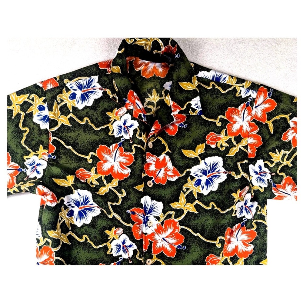 Vintage ODO Men's‎ Hawaiian Green Orange Floral Button-Up Shirt Size Large Party